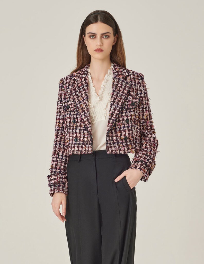 maryling pink & black plaid h shaped cropped tweed jacket