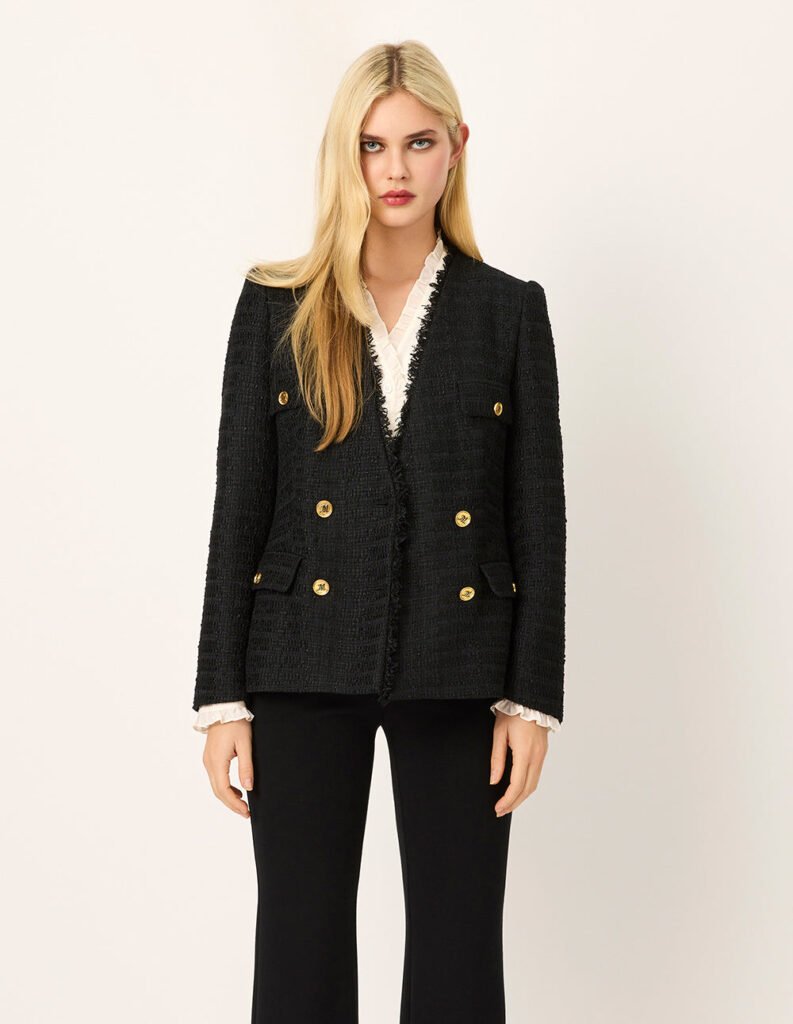 maryling peaked lapel double breasted tweed blazer