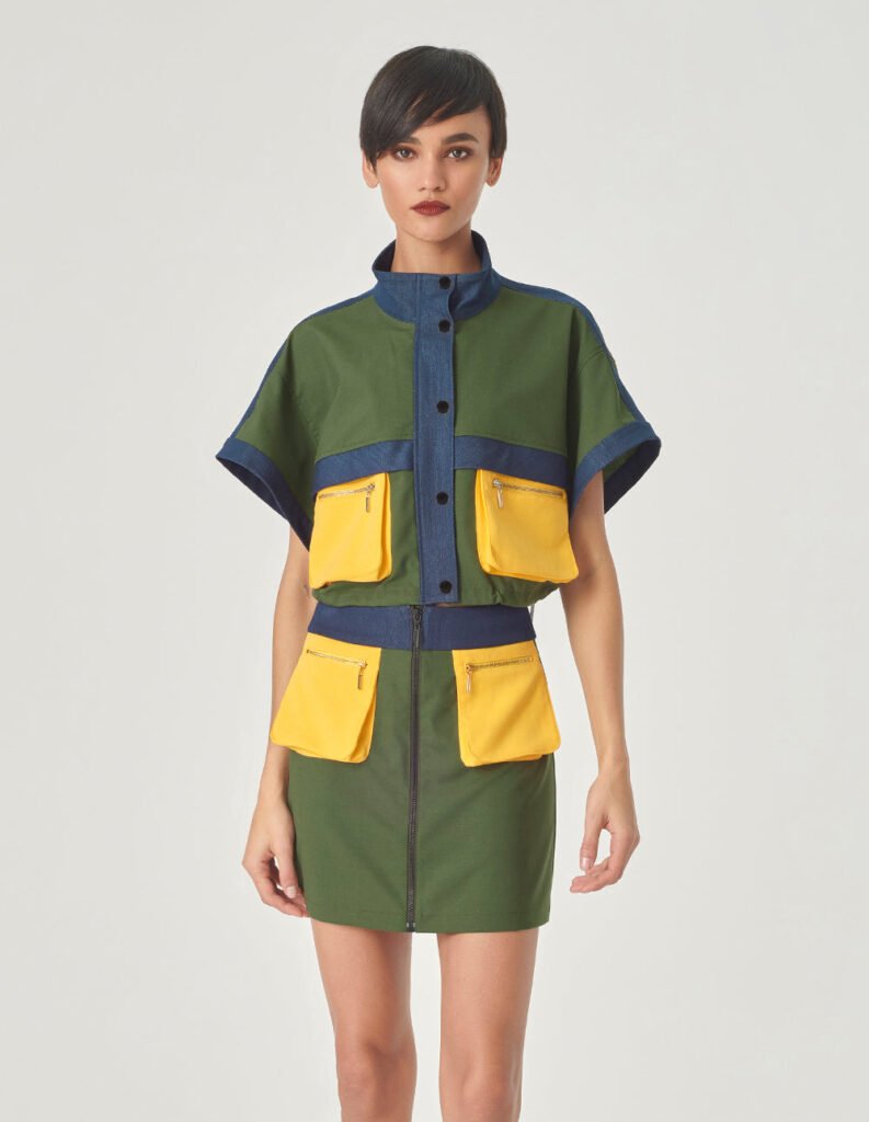 maryling green denim patchwork short sleeved jacket